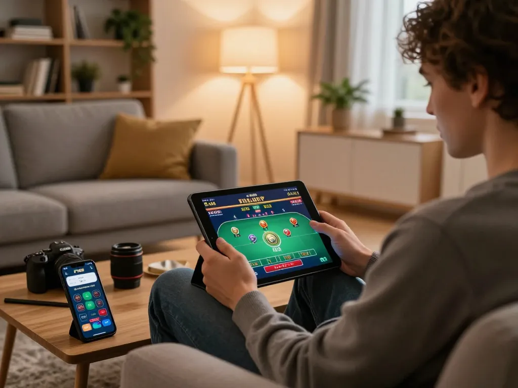 Engage in strategic online gambling with F168 using a tablet in a cozy home setting.