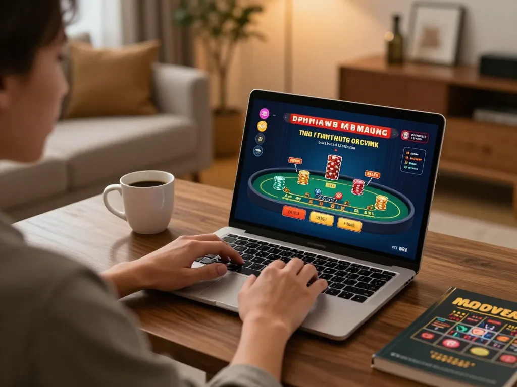 Engaged player using laptop for online hm88 gambling, displaying blackjack action and strategic focus.