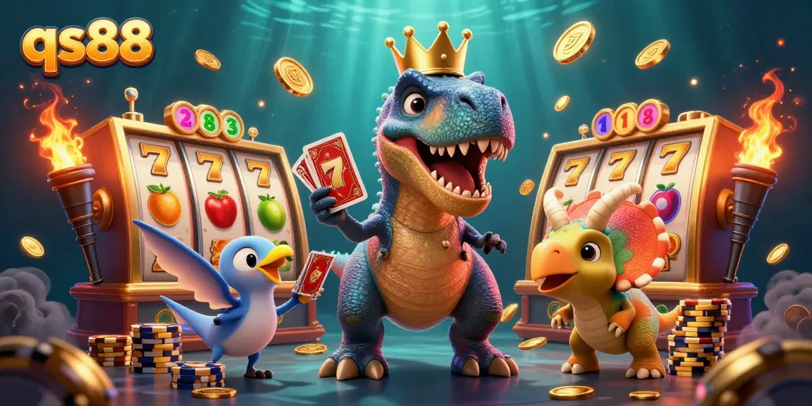 Engaging illustration of qs88 featuring a T-Rex shuffling cards amidst spinning slot reels and golden symbols.