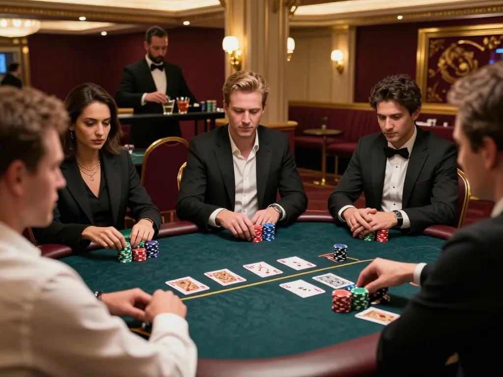 Players in an upscale casino experiencing a tense moment in a high-stakes DA88 poker game.
