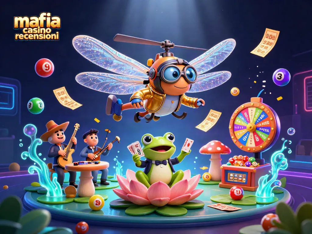 Mafia casino recensioni illustration showcasing a vibrant casino scene with a dragonfly pilot and frog croupier.