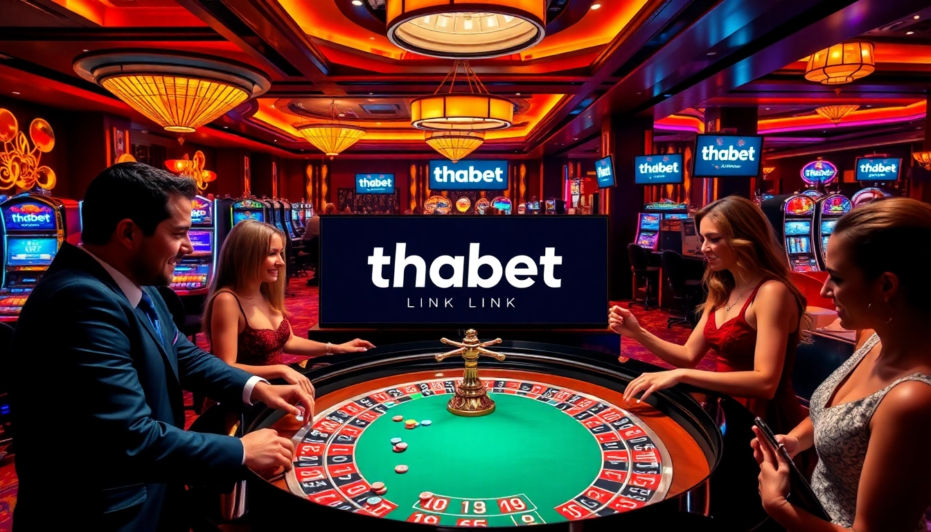 Casino scene with players at a roulette table, showcasing thabet link for online betting.