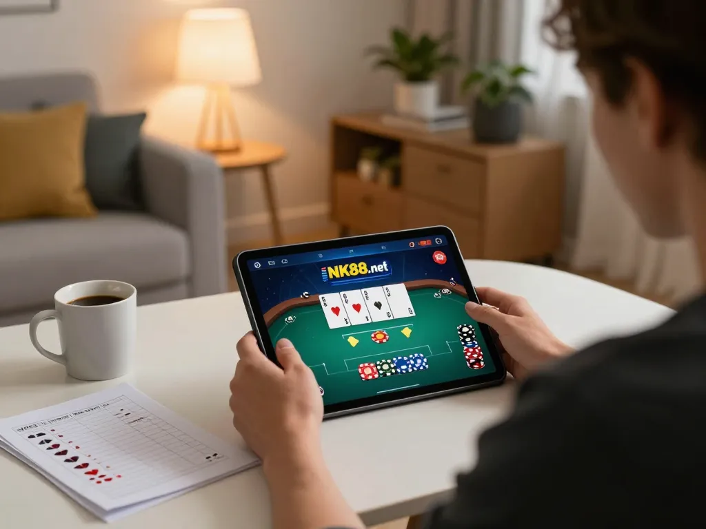 Playing poker on NK88 net in a cozy home setting with strategy notes and tablet