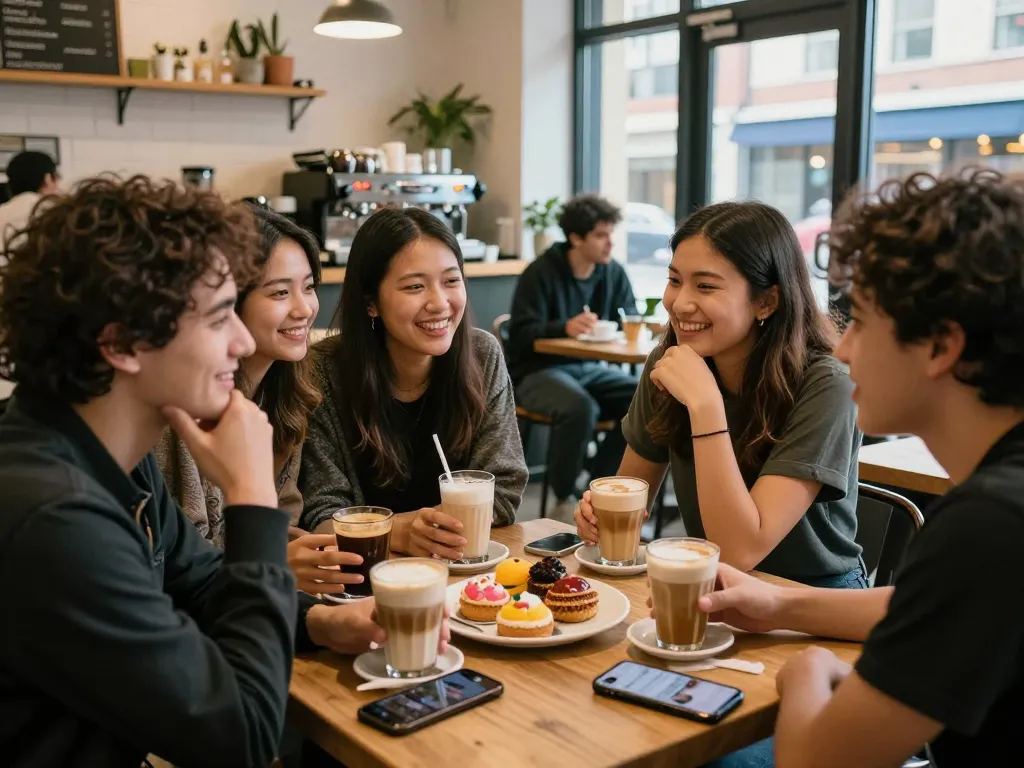 A group of friends enjoying coffee and laughter, capturing the essence of having a crush on someone in a cozy café setting.