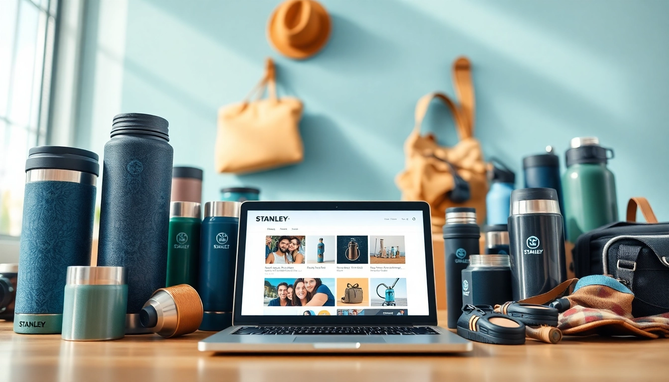 Acquista prodotti Stanley online, con tumbler e attrezzature in un'impostazione vivace.