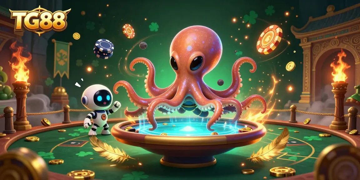 Join TG88's thrilling alien poker game amongst sparkling chips and vibrant casino elements.