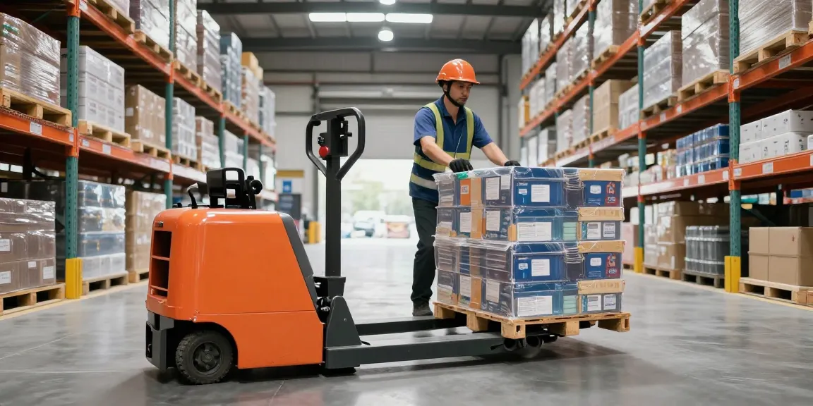 Warehouse worker using pallet jack electric to move goods efficiently.