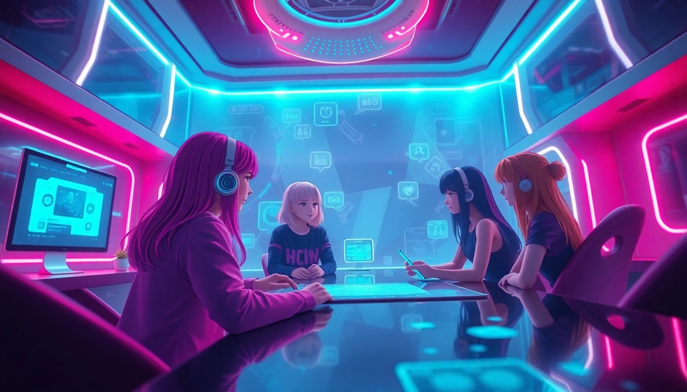 Engaging scene of hentai AI chat featuring vibrant characters and futuristic interfaces.