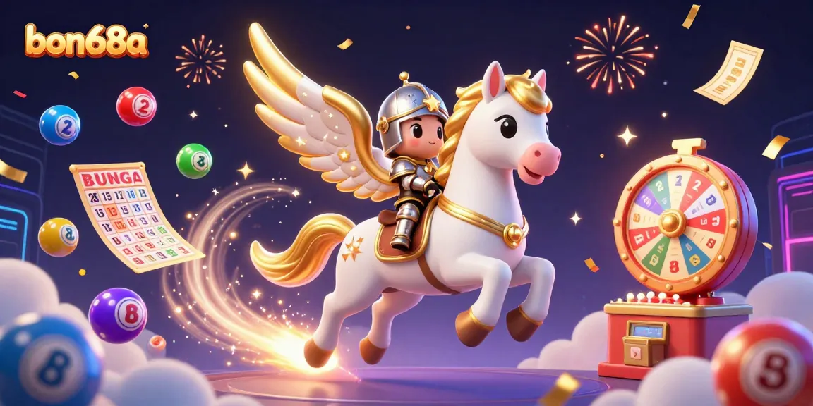 Experience the thrill of bon68a with a magical 3D illustration of a celestial horse and knight amidst vibrant lottery elements.