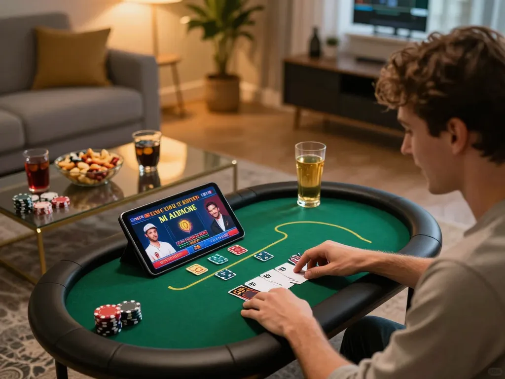 88VIN user actively engages in a live poker game on a tablet, showcasing an lively home gaming environment.
