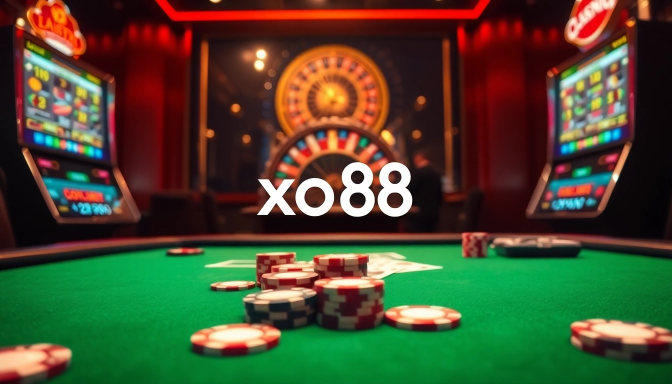 Engaging poker scene at xo88 casino, featuring vibrant chips and cards in a luxurious setting.