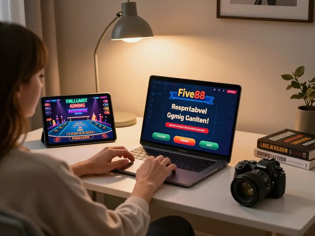 Engaged player enjoying Five88 online casino experience on a laptop in a cozy home atmosphere.