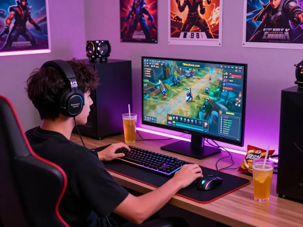 Dynamic gaming setup showcasing a player engaged with 789clubweb.com, highlighting vibrant accessories and immersive atmosphere.