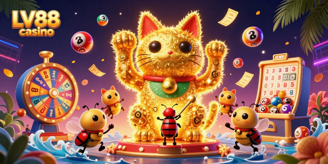 Engage with the vibrant LV88 casino featuring a dynamic lucky cat and colorful gaming elements.