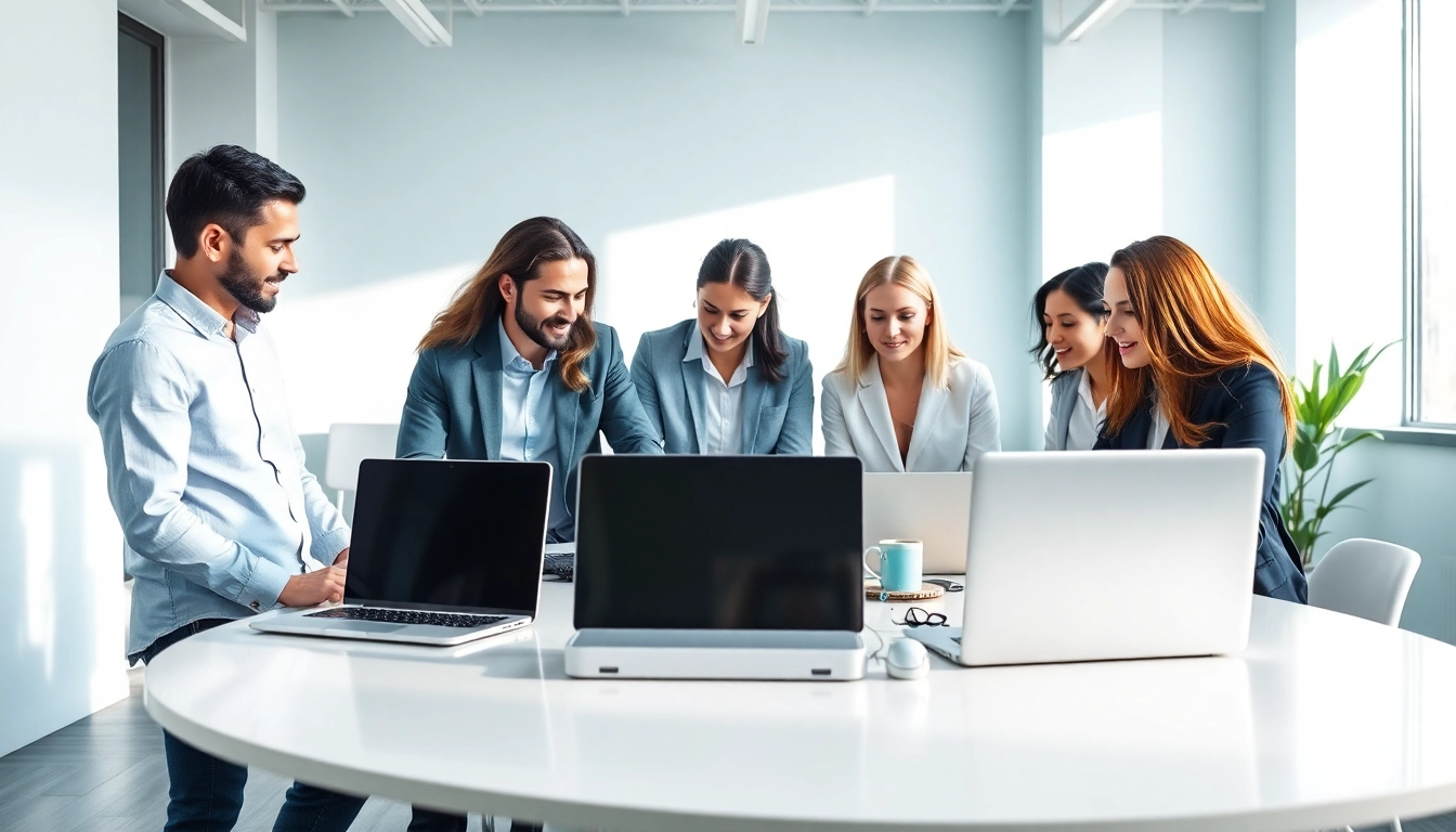 Marketing Agency team working together in a modern office environment with laptops and marketing tools.