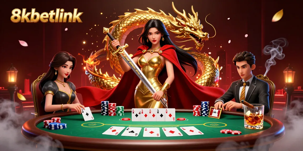Join the excitement at 8xbetlink with an epic gaming scene featuring a warrior queen among poker gameplay elements.