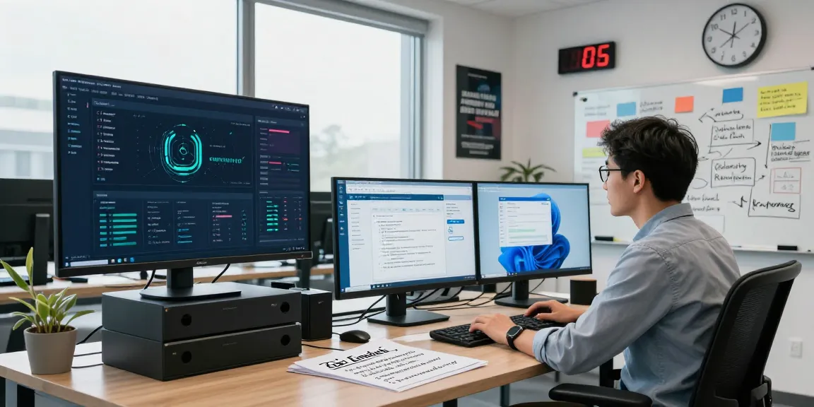 Cybersecurity expert analyzing compliance metrics in a modern office, promoting cybersmart practices for 2026.