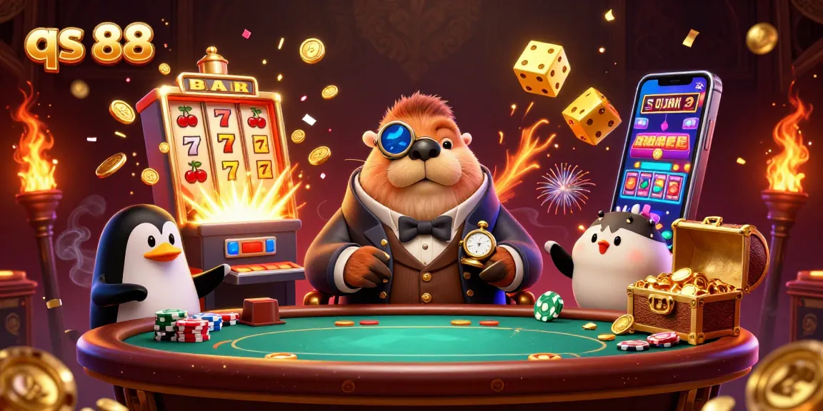 A vibrant 3D scene featuring a jolly walrus at an underwater poker table representing qs 88, lively casino elements, and sparkling gold.