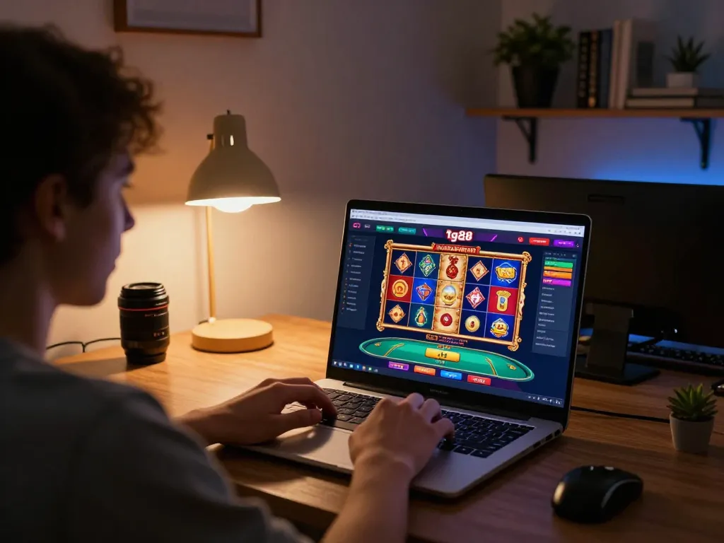 Engaged player navigating the tg88 online casino from home, vibrant slots and poker games displayed.
