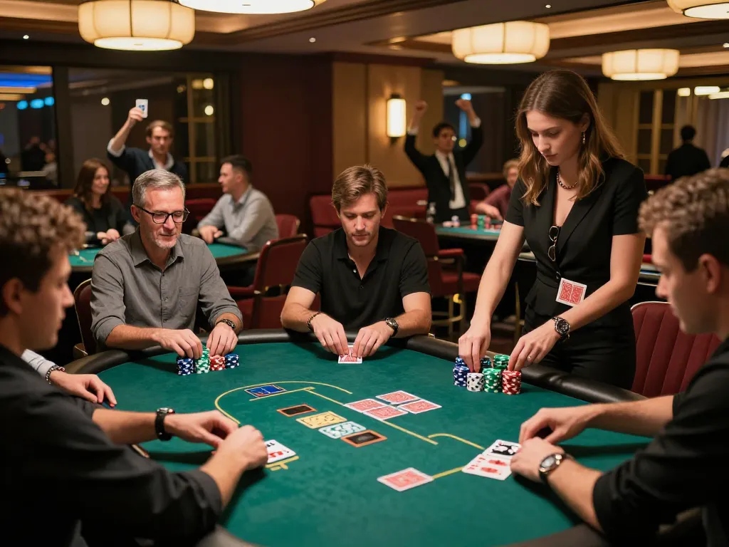 Players enjoying an exciting poker game at 789winf casino, showing stacked chips and focused gameplay.