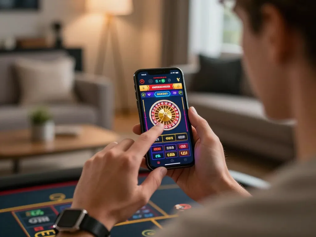 Okfun user engaging with a casino app on smartphone, showcasing an interactive gambling experience.