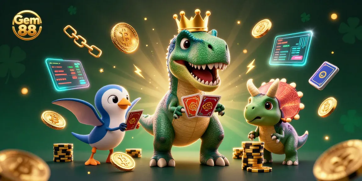 Engage with Gem 88's vibrant 3D casino world featuring cartoon dinosaurs playing cards and stacking chips.