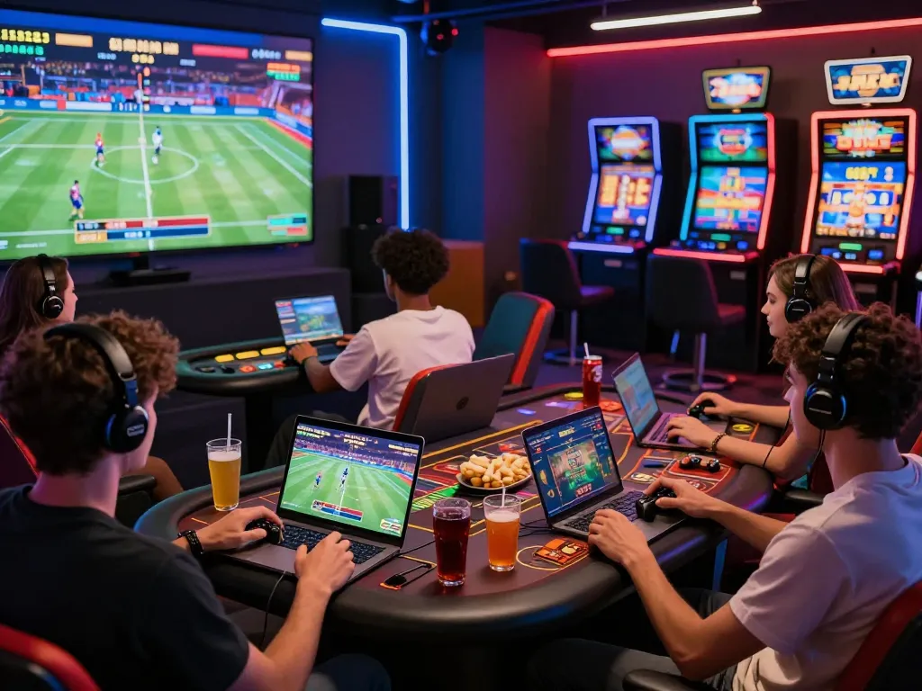 Players enjoying the mm oo gaming experience in a modern lounge, showcasing excitement in a vibrant atmosphere.