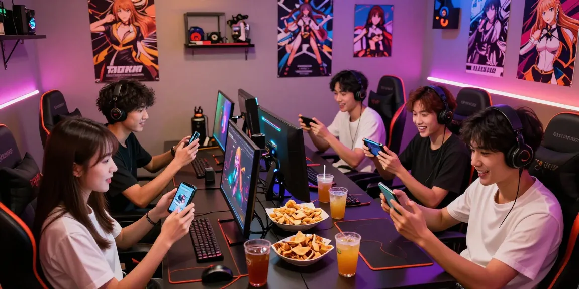 Group enjoying mobile hentai games in a vibrant gaming lounge with anime decor.