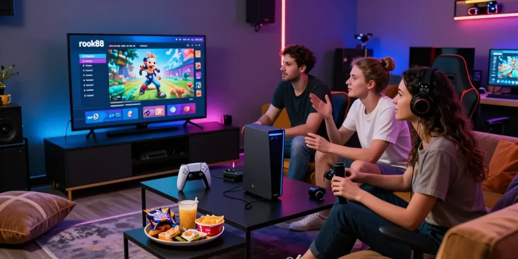 Friends enjoying a gaming session with rokok88 console in a vibrant lounge.