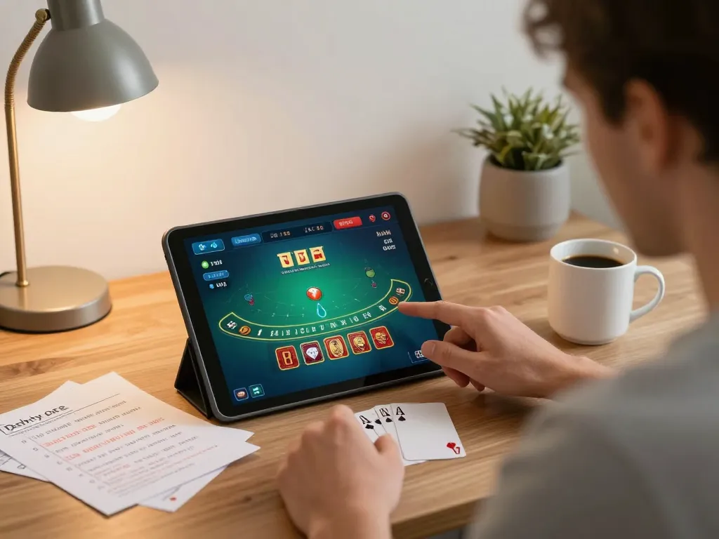 Engaging player enjoying blackjack on lc88 com tablet at home, showcasing strategic gambling.