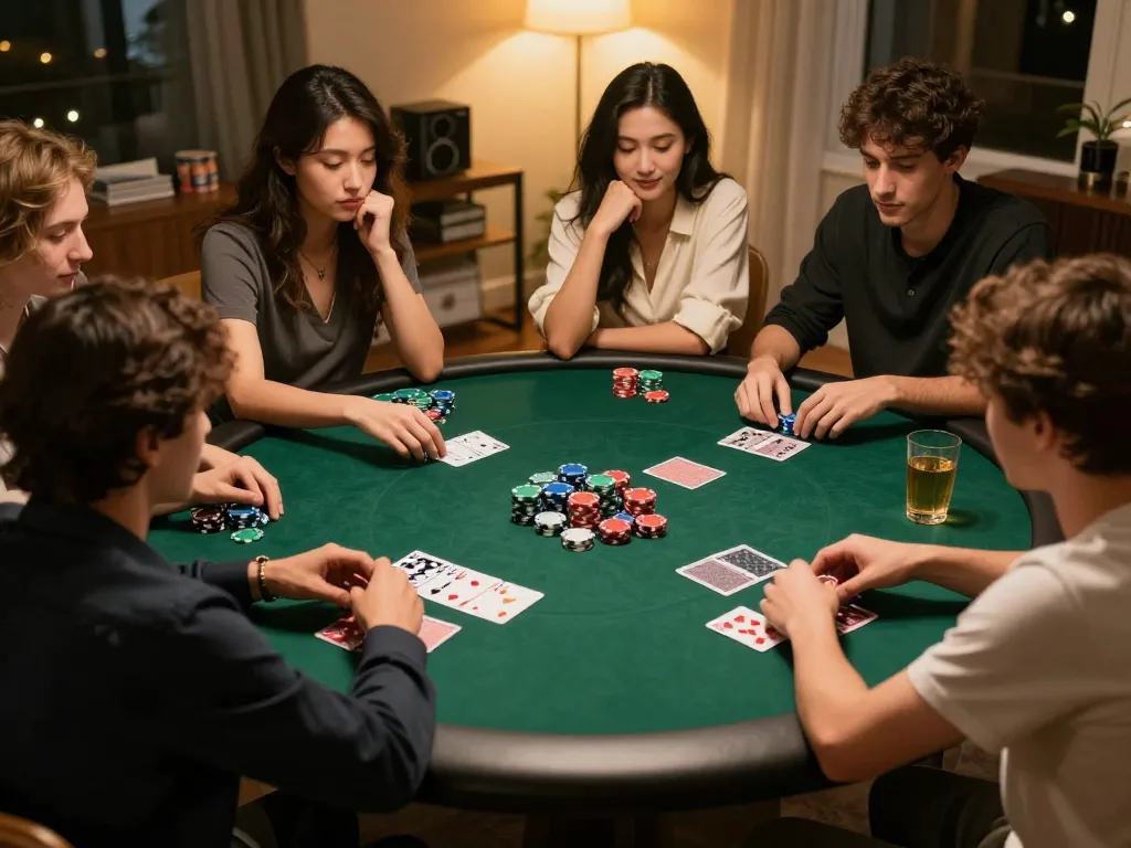Poker players engaging in a friendly match at home, highlighting responsible gambling vibes at https://net88.wtf/.