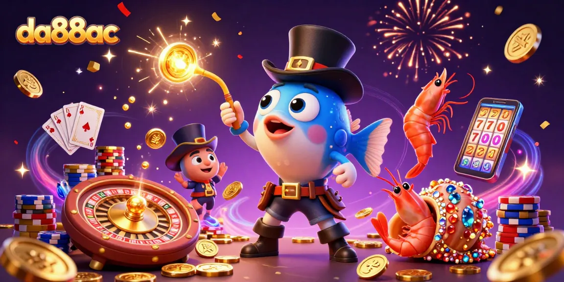 Play and win with da88ac, featuring vibrant characters in an energetic casino-themed scene.