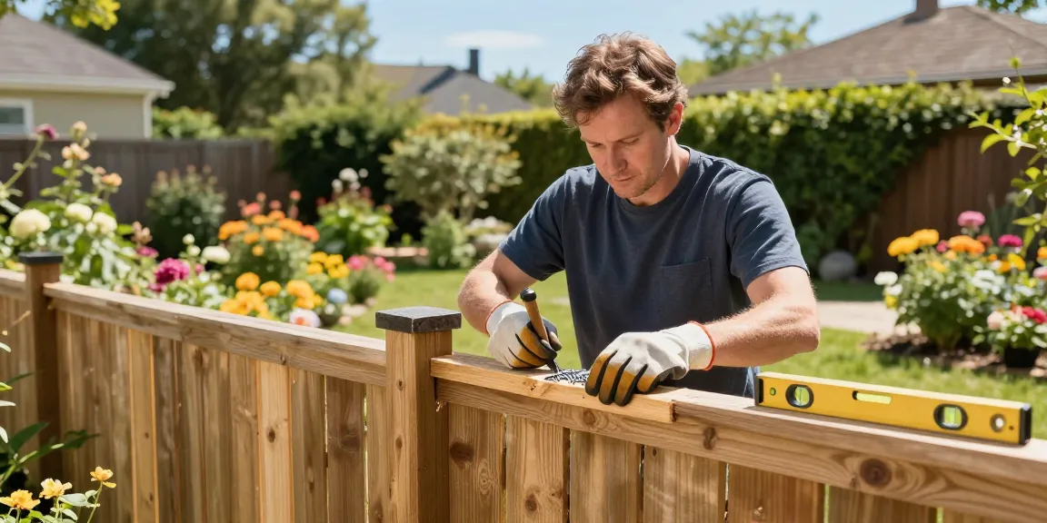 We fix fences and build fences with a skilled tradesman repairing a wooden fence in a sunny garden.