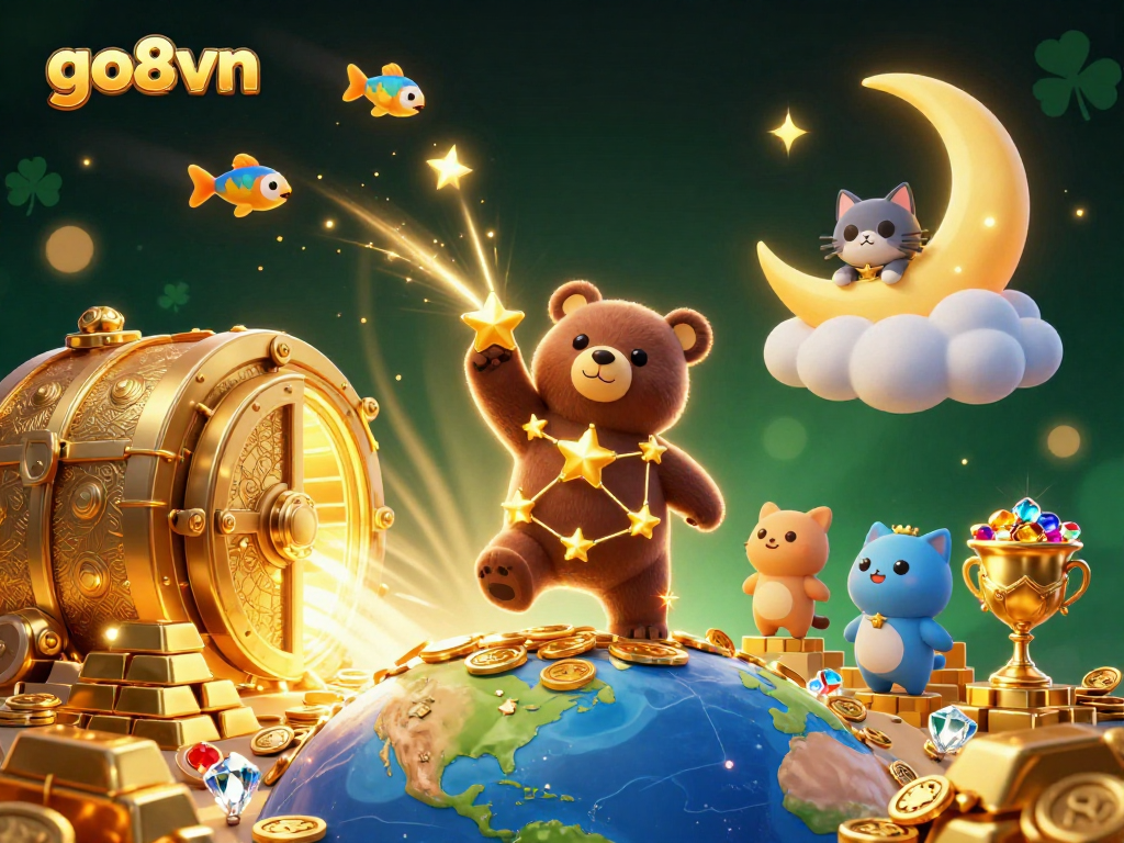 Experience thrilling wins at go8vn with a vibrant casino scene of lucky symbols and gold.