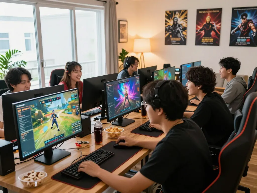 Friends enjoying online gaming on https://bomwin.jp.net/ in a modern living room.