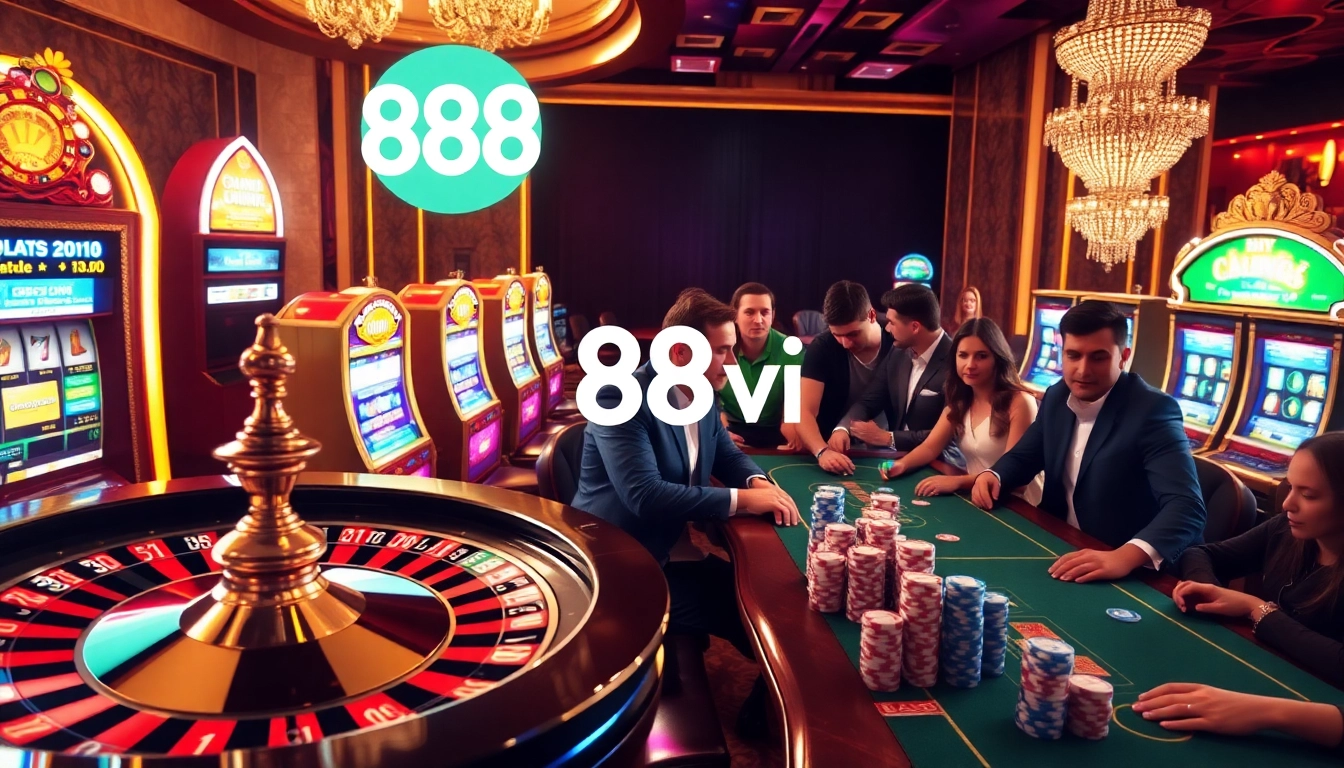 Players enjoying thrill at a casino with 888vi branding visible in the background, featuring poker chips and slots.
