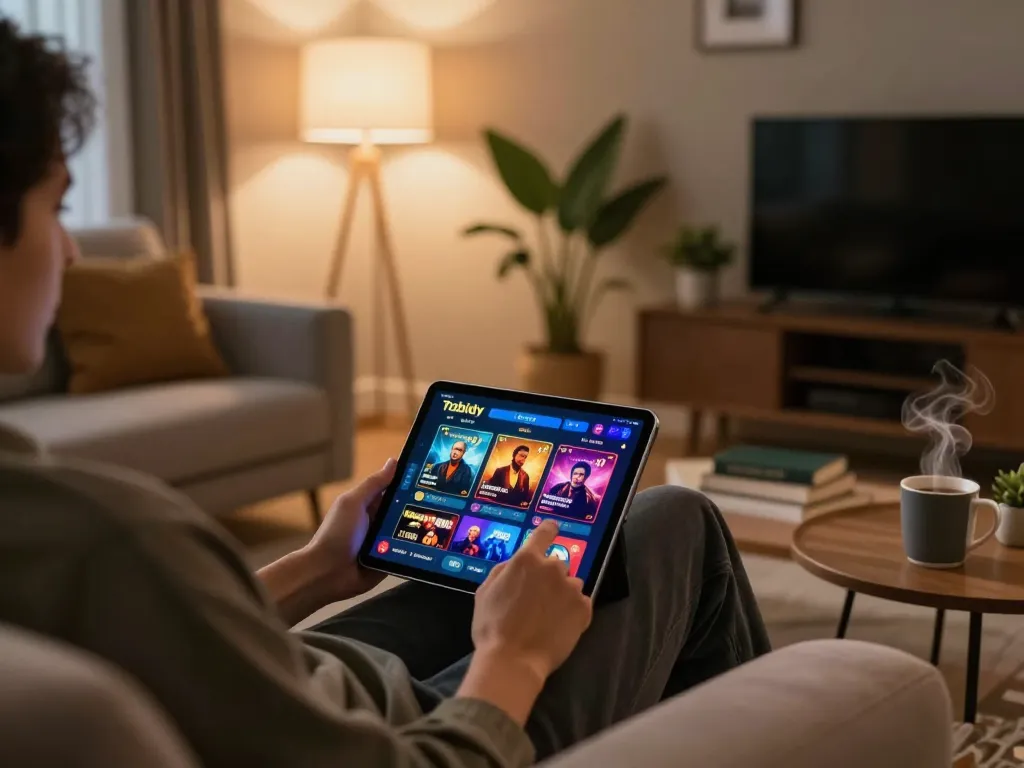 Engaging with tubidy music on a tablet during online casino gaming in a cozy, modern living room.