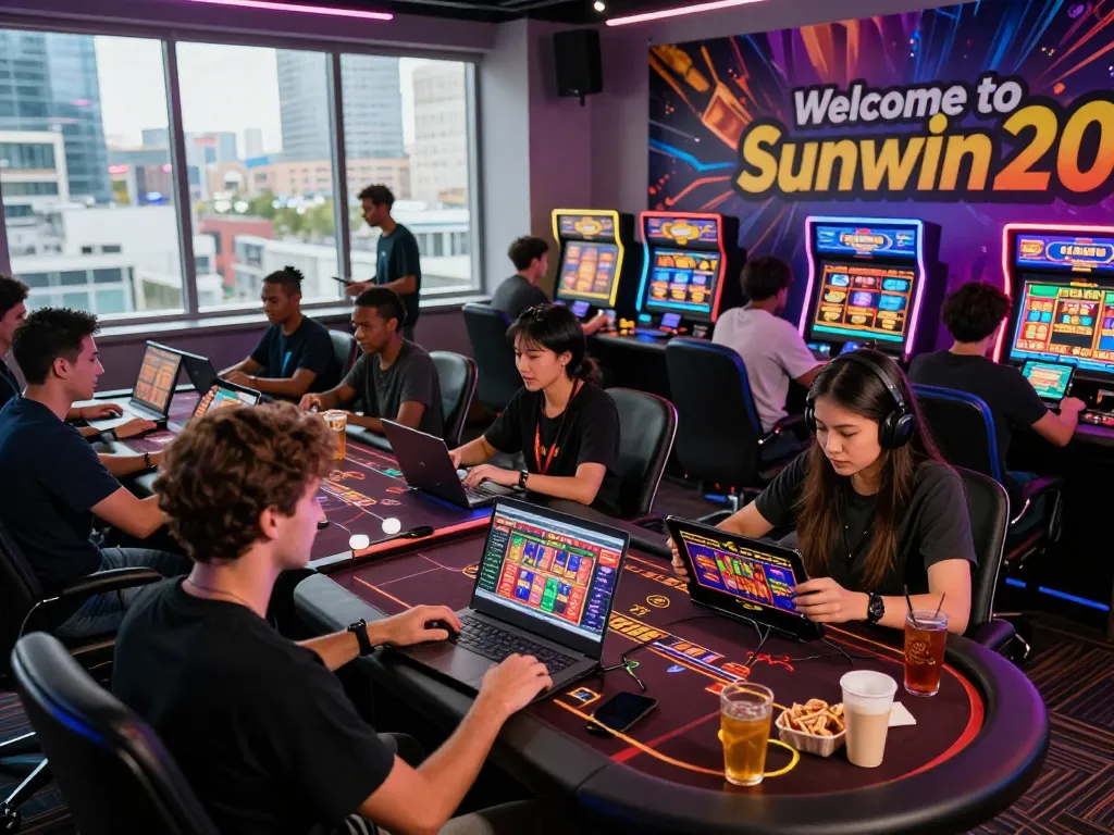 Players enjoying the interactive gaming experience on sunwin20 platform in a vibrant casino-themed environment