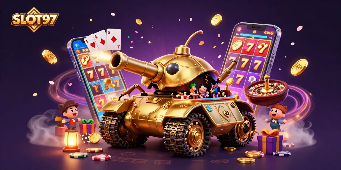 SLOT97 features a dynamic casino scene with golden beetle tank and exciting slot games.