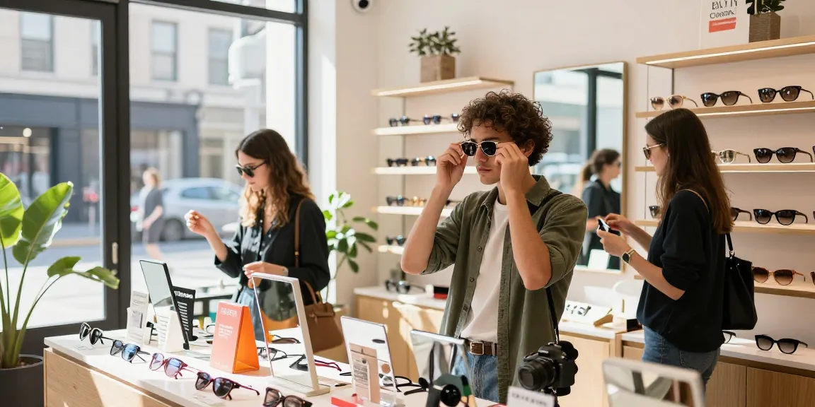 Escolha de lentes de contato em boutique de óculos, cliente experimentando óculos de sol