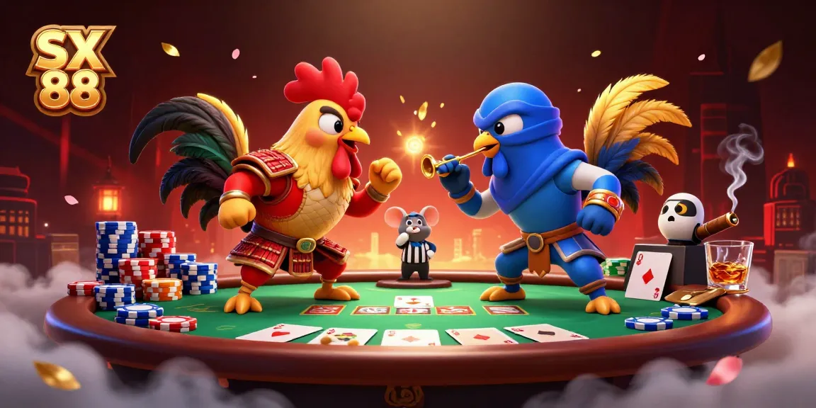 Experience competitive action with SX 88 in this thrilling illustration of battling roosters in a poker showdown.