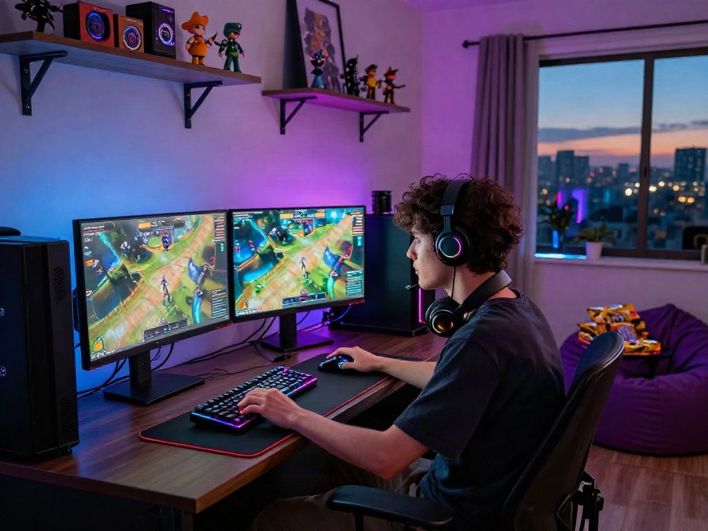 Engaging gaming scene showcasing a player immersed in porn games with vibrant graphics and a dynamic setup.