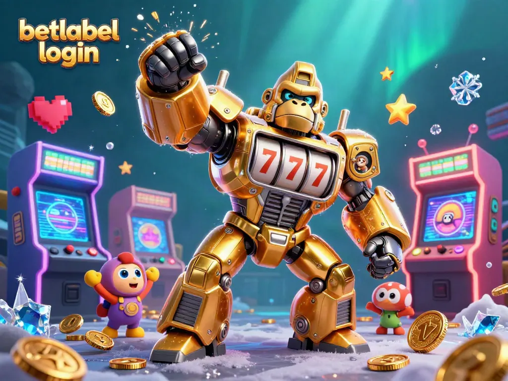 Engage with the vibrant betlabel login scene featuring a golden gorilla mech, arcade elements, and colorful casino action.