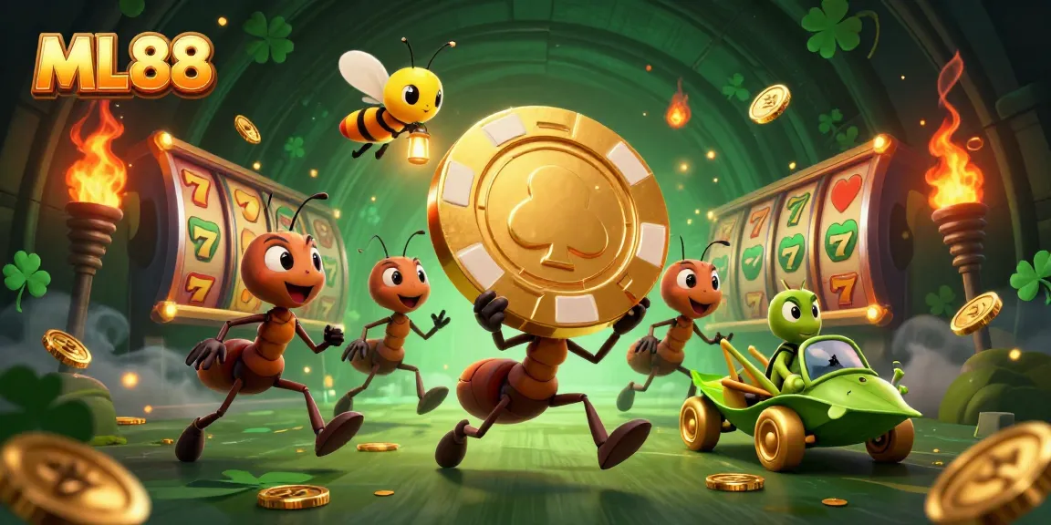 Experience the thrill of ML88 with a team of cartoon ants heisting a giant poker chip amidst golden gaming elements.