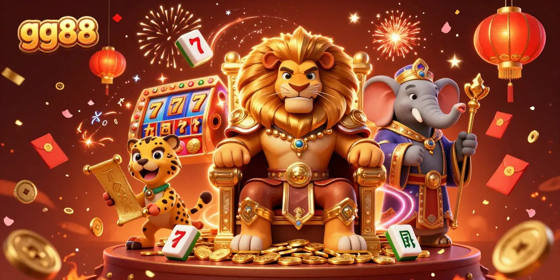 Experience the excitement at gg88 with festive elements like slot reels and golden treasures in a vibrant casino scene.
