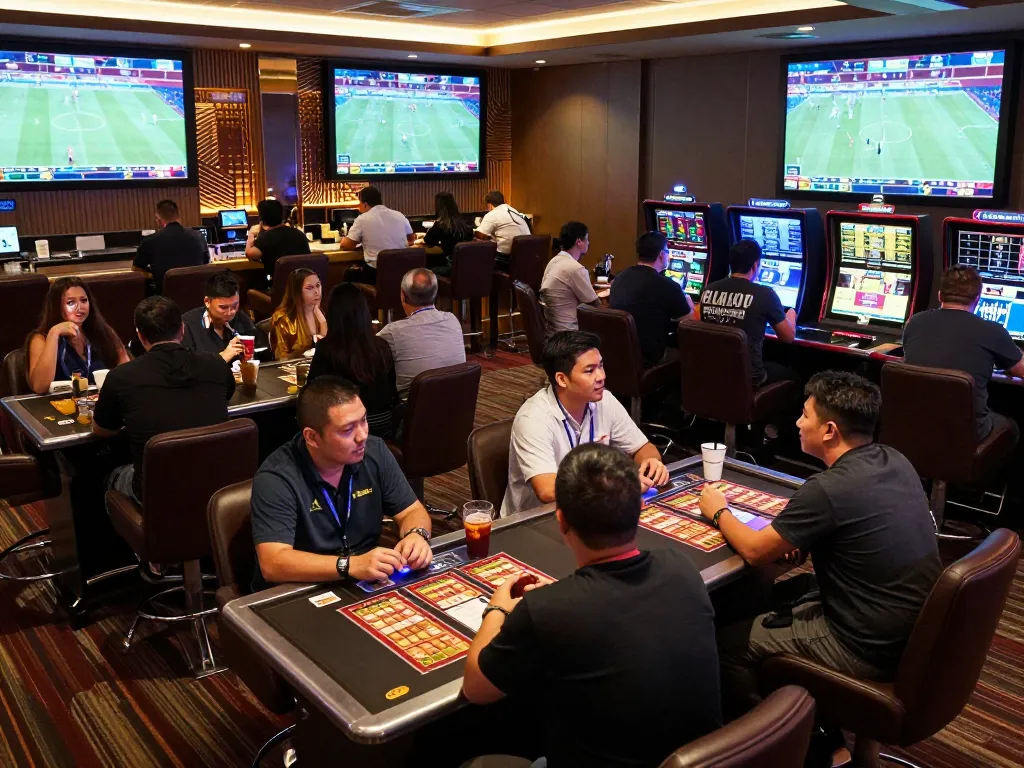 Tỷ lệ kèo nhà cái hôm nay seen in a vibrant sports betting lounge with patrons engaged in lively discussions.