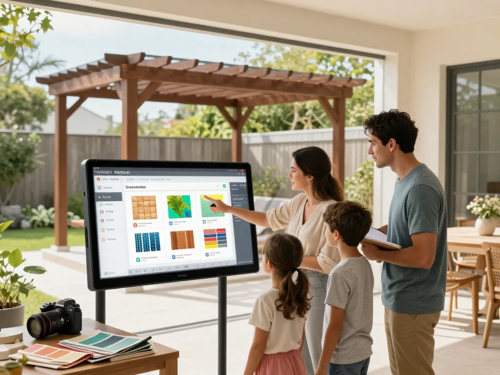 Family designing a custom pergola with software configuratore pergole in a bright home environment.