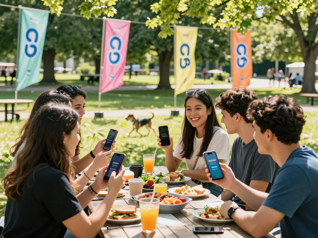 Young adults enjoying Go 99 telecom data plans in a vibrant park picnic