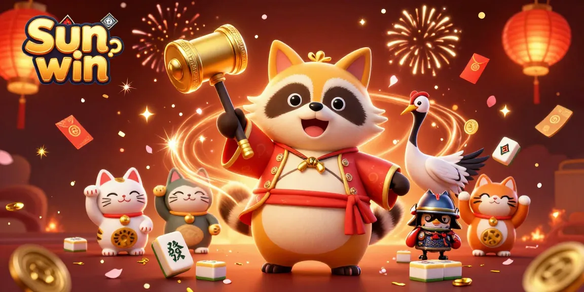 Experience the thrill of Sun win with dynamic casino elements featuring a cheerful tanuki, interactive game symbols, and vibrant celebrations.