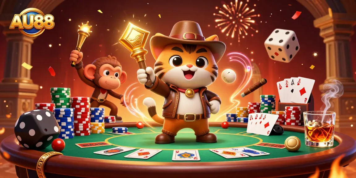 Experience the excitement of AU88 with a vibrant 3D illustration of a cat archaeologist discovering casino treasures.